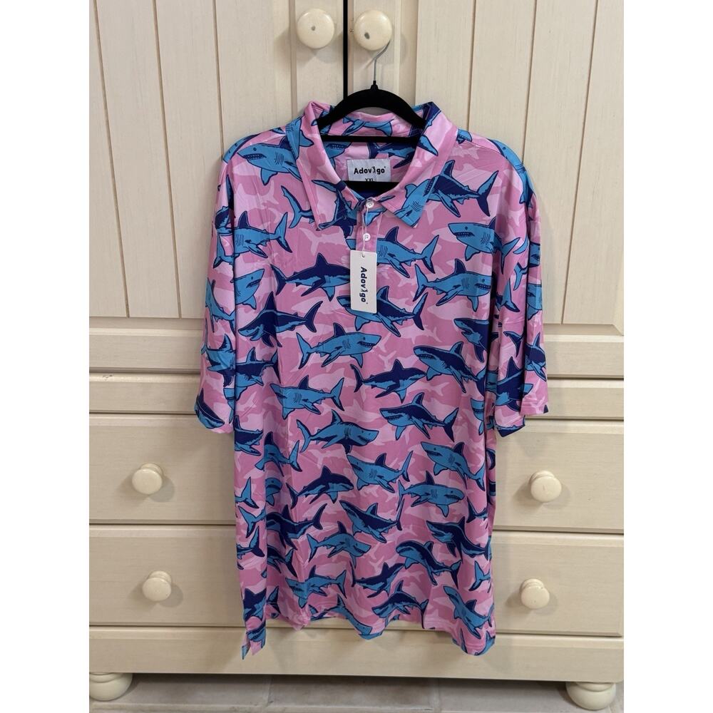 Adov Go Pink Blue Shark Polo Golf Shirt Size XXL NWT